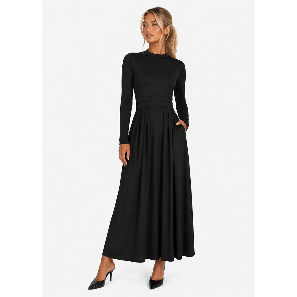 Halara Black Mock Neck Long Sleeve Maxi Dress Pockets Pleated Fit & Flare XS